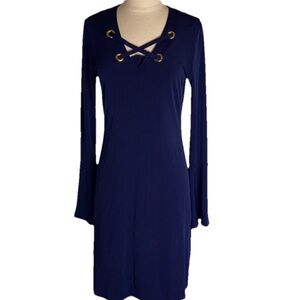 Michael Kors Grommet Lacing Navy Blue Bell Sleeves MIDI dress Size Medium